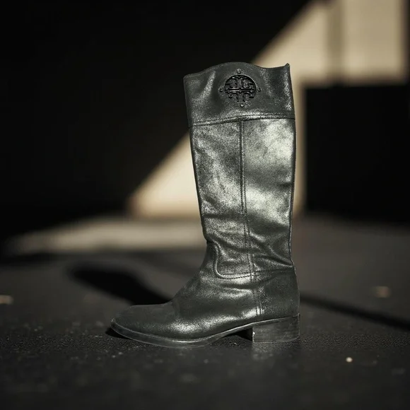 Tory Burch Black Kiernan Shiny Leather Logo Round Toe Knee High Riding Boots - Picture 4 of 6